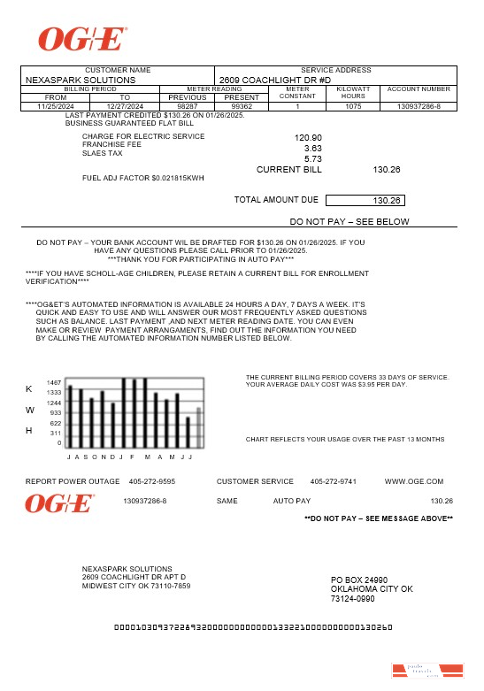 USA Oklahoma OGE Energy business utility bill template in Word and PDF formats